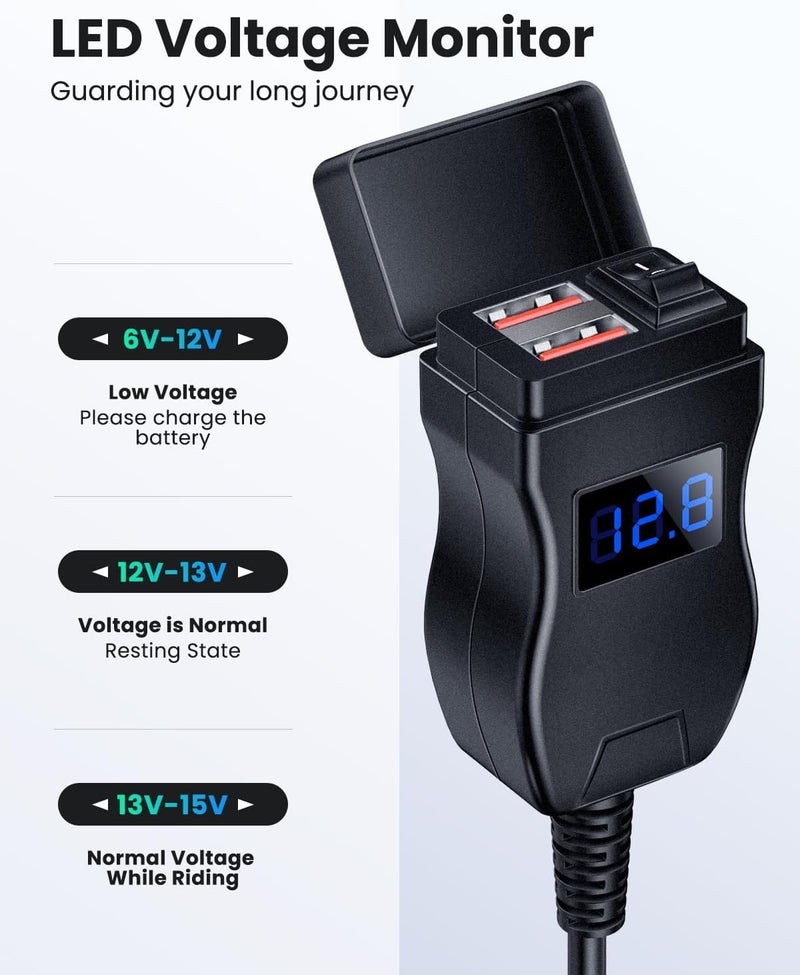 Randpow Motorcycle USB Charger(36W), Dual USB QC3.0 Motorcycle Phone Charger Port, SAE Adapter with ON/Off Switch & LED Voltage Monitor, Suitable for Dirt Bike, ATV (Blue) - Image 5